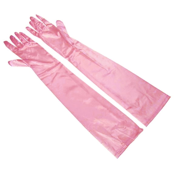 Ljudmp Womens Long Satin Opera Gloves Stretch Elbow Length Full Finger Formal Gloves for Wedding Bride Evening Party Pink