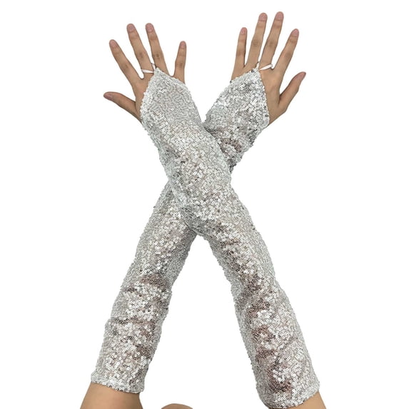 Ljudmp Womens Long Sequins Lace Fingerless Gloves Sparkly Gloves with Finger Loop for Glitter Rave Party Costume Performances Wedding Evening Prom Silver