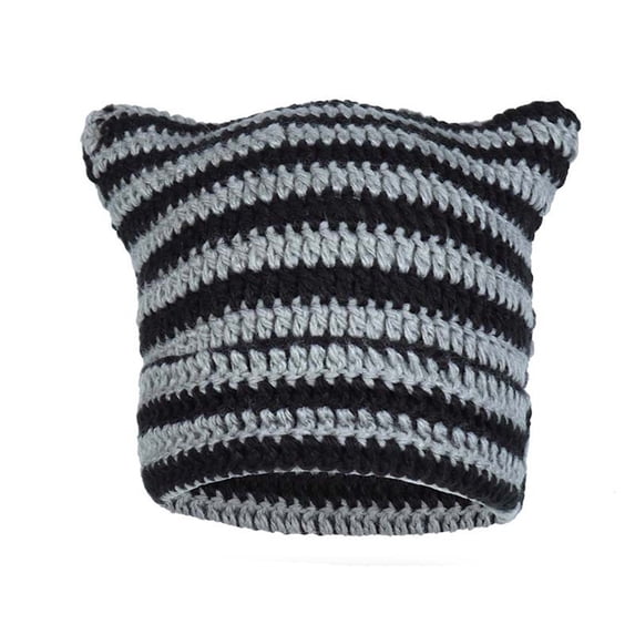 Ljudmp Womens Mens Crochet Chunky Cable Knit Beanie Cute Cat Ear Brimless Hat Winter Stretch Thick Casual Striped Knit Skull Cap Black