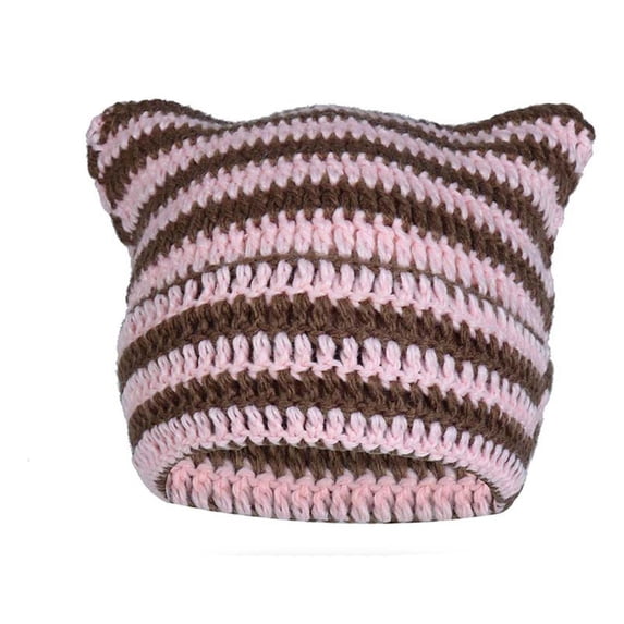Ljudmp Womens Mens Crochet Chunky Cable Knit Beanie Cute Cat Ear Brimless Hat Winter Stretch Thick Casual Striped Knit Skull Cap Pink