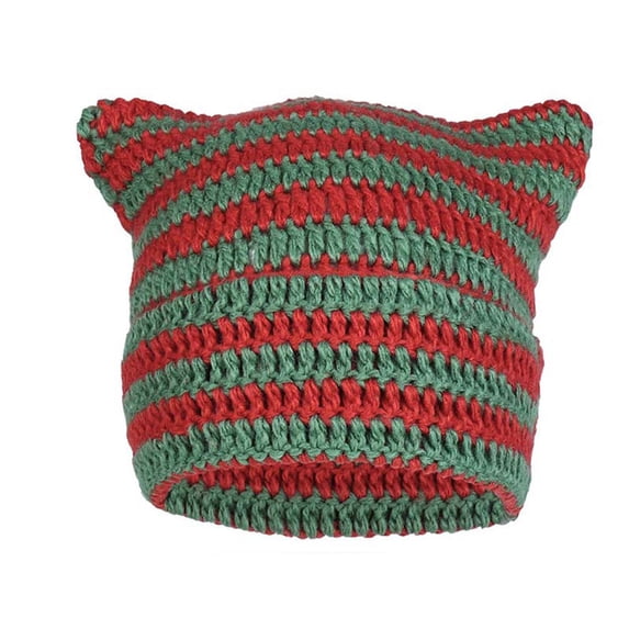Ljudmp Womens Mens Crochet Chunky Cable Knit Beanie Cute Cat Ear Brimless Hat Winter Stretch Thick Casual Striped Knit Skull Cap Red