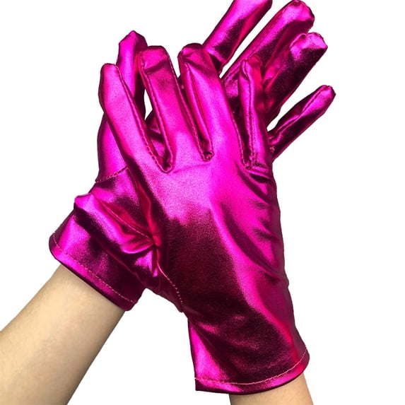 Ljudmp Womens Mens Short Shiny Metallic Gloves Faux Leather Cropped Gloves For Party Opera Performances Costume Hot Pink