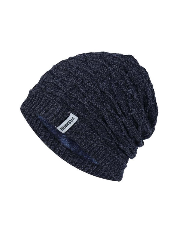 Womens Mens Slouchy Cable Knit Fleece Lined Beanie Stretch Brimless Hat Winter Cold Weather Thick Casual Outdoor Daily Knit Skull Cap Navy