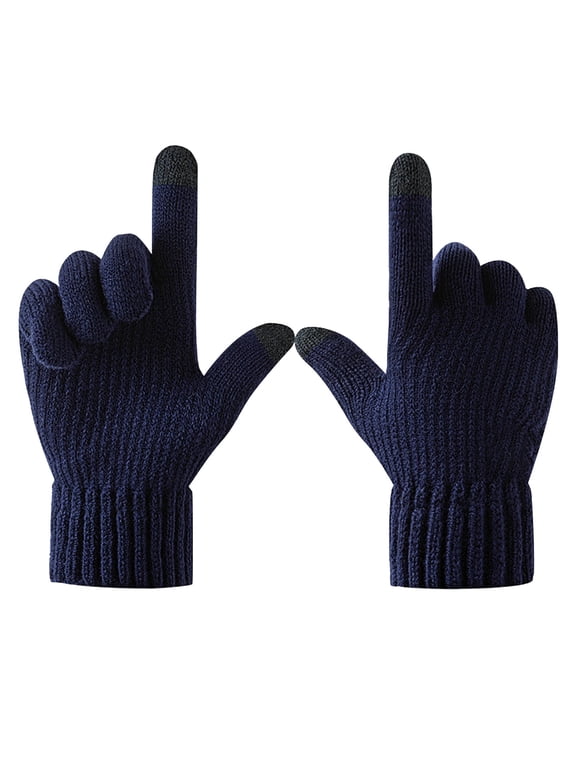 Womens Mens Touch Screen Knitted Winter Gloves Fleece Lined Thermal Warm Stretch Rib Cuff Texting Gloves for Outdoor Cycling Skiing Navy