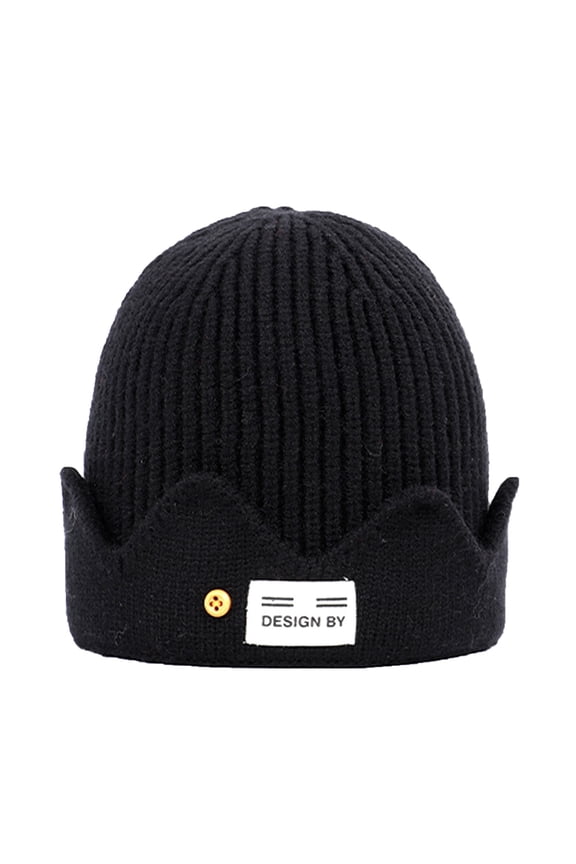 Womens Mens Vertical Rib Knit Beanie Hat Wave Scalloped Cuff Winter Skull Cap with Button Stretch Warm Cold Weather Jughead Hat Black
