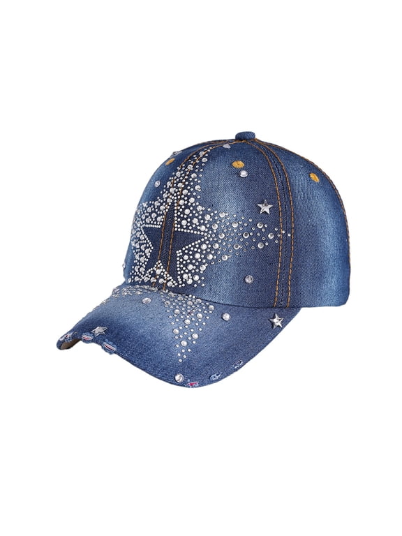 Womens Mens Vintage Washed Denim Rhinestone Baseball Cap Distressed Frayed Brim Bling Crystal Studded Cowboy Hat Adjustable Sun Hat Blue Pattern D