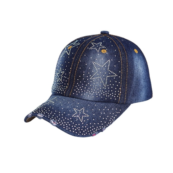 Ljudmp Womens Mens Vintage Washed Denim Rhinestone Baseball Cap Distressed Frayed Brim Bling Crystal Studded Cowboy Hat Adjustable Sun Hat Dark Blue Pattern B