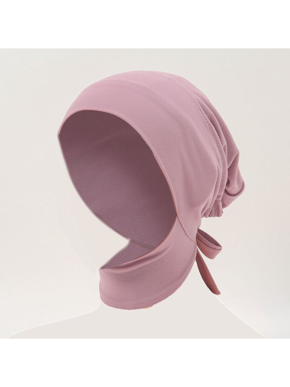 Womens Muslim Headscarf Cap Stretch Tie Back Hijab Headband Adjustable Elastic Neck Cover Inner Head Cap Headwrap Beanie Cap Pink