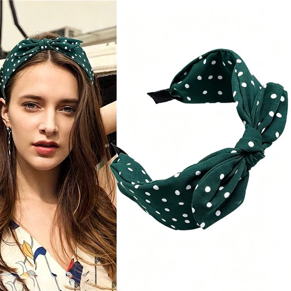 Ljudmp Womens Polka Dot Print Bow Headbands Cute Bunny Ears Top Knot Hairband Non-Slip Vintage Hair Hoop Head Wrap Green