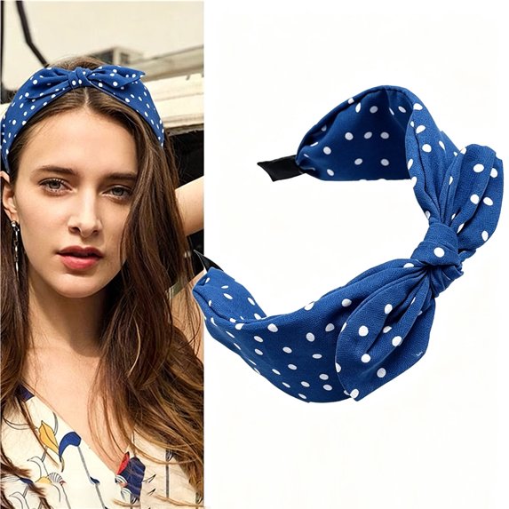 Ljudmp Womens Polka Dot Print Bow Headbands Cute Bunny Ears Top Knot Hairband Non-Slip Vintage Hair Hoop Head Wrap Navy