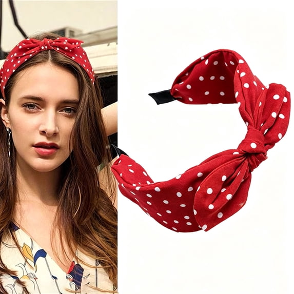 Ljudmp Womens Polka Dot Print Bow Headbands Cute Bunny Ears Top Knot Hairband Non-Slip Vintage Hair Hoop Head Wrap Red