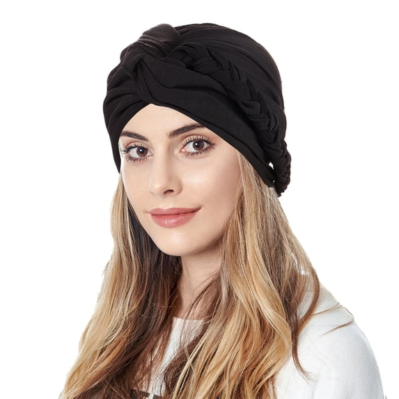 Ljudmp Womens Pre-Tied Braid Twisted Turban Hat Stylish Hair Wrap Muslim Hijab Elastic Bonnet Cap Soft Chemo Head Scarf Cover Black