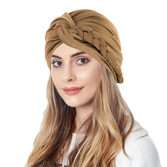 Ljudmp Womens Pre-Tied Braid Twisted Turban Hat Stylish Hair Wrap Muslim Hijab Elastic Bonnet Cap Soft Chemo Head Scarf Cover Khaki