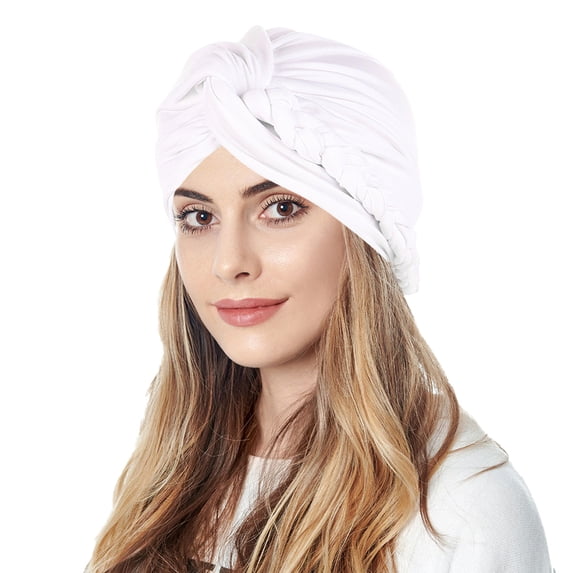 Ljudmp Womens Pre-Tied Braid Twisted Turban Hat Stylish Hair Wrap Muslim Hijab Elastic Bonnet Cap Soft Chemo Head Scarf Cover White