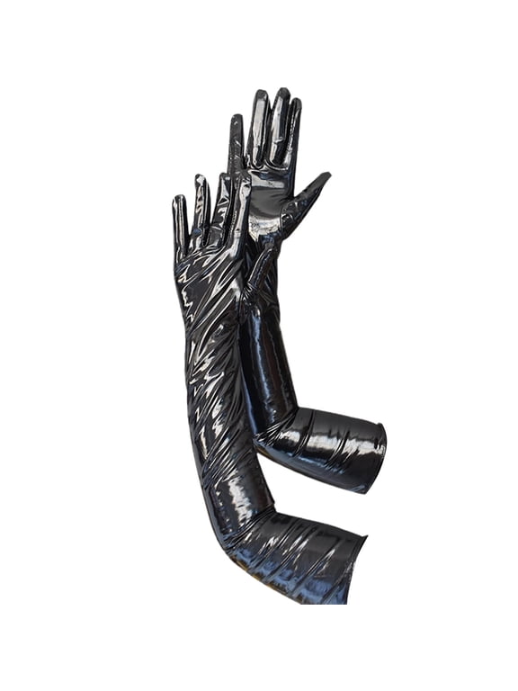 Womens Shiny Black Patent Leather Gloves Punk Style Elbow Long Gloves for Party Dance Club Costumes Black 1Pair