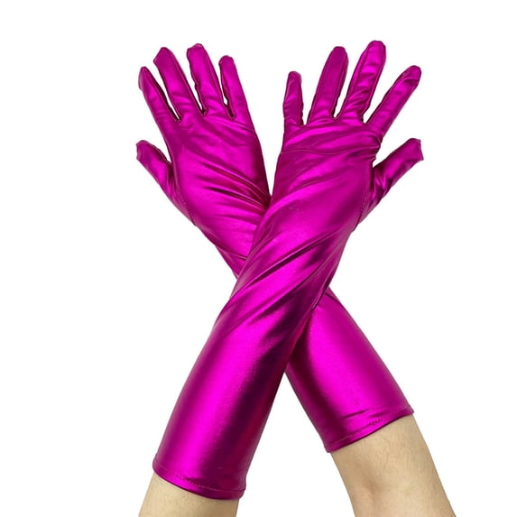 Ljudmp Womens Shiny Metallic Long Gloves Full Finger Opera Gloves for Rave Party Costume Performances Wedding Evening Prom Hot Pink