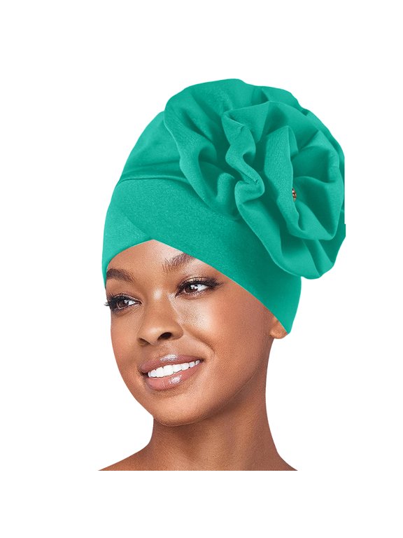 Womens Slouch Stacked Floral Turban Hat Elastic Head Wrap Crystal Rhinestone Big Flower Hijab Bonnet Cap Hair Cover Hat Green