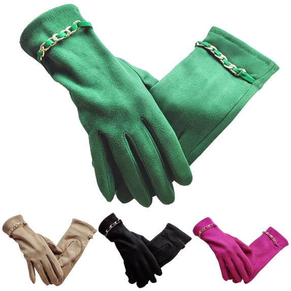 Ljudmp Womens Suede Touch Screen Autumn Winter Gloves Metal Chain Decor Thermal Driving Riding Windproof Gloves Casual Full Finger Hand Warmers Black