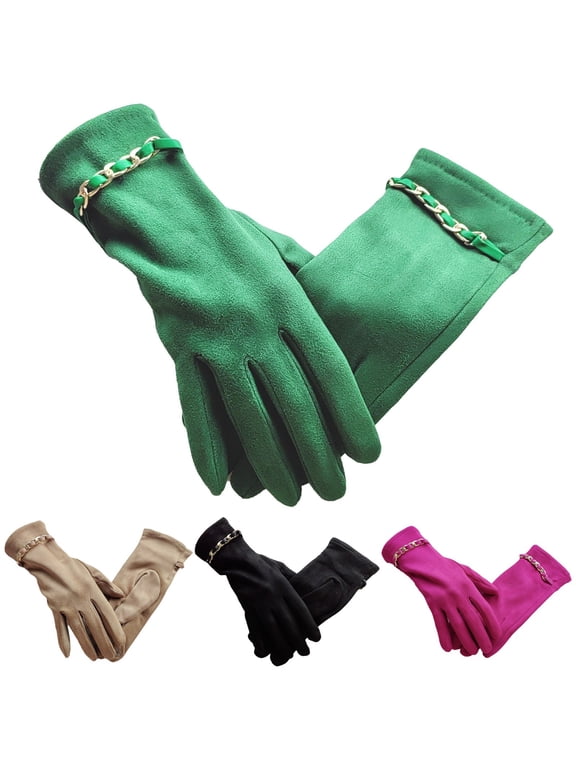 Womens Suede Touch Screen Autumn Winter Gloves Metal Chain Decor Thermal Driving Riding Windproof Gloves Casual Full Finger Hand Warmers Black