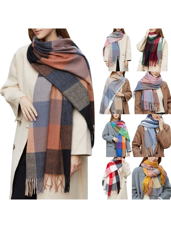 Womens Winter Grid Shawls Wraps Ladies Scarf Warm Scarves Long Large Scarves Knit Tassel Lattice Splicing Blanket Scarf Brown
