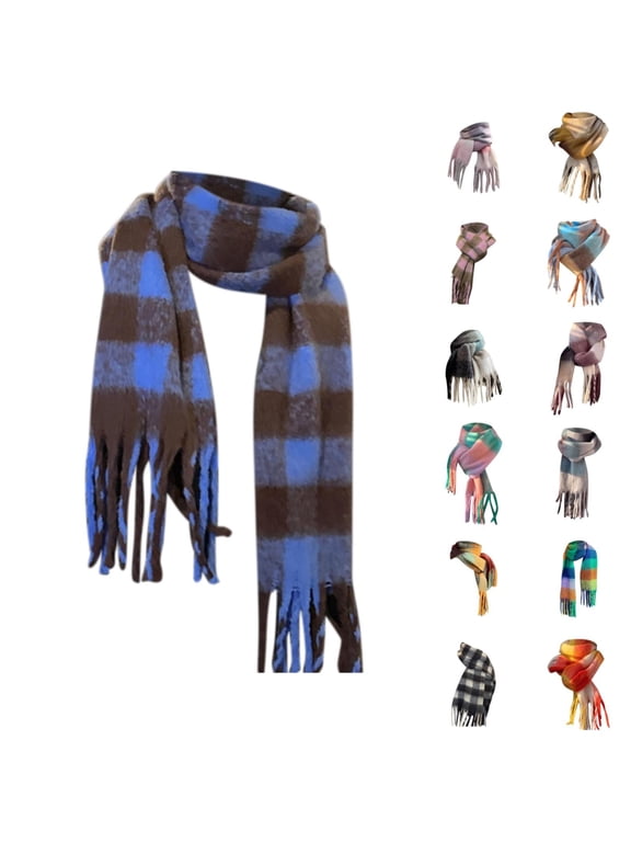 Woven Knitted Checked Pattern Fringe Scarf For Women Neck Wrap Fall Winter Thickened Fluffy Plaid Blanket Scarf Shoulder Warmer Scarves For Daily Office Travel Cold Weather Black#1