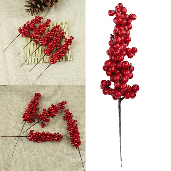 Ljxge 10Pcs Artificial Red Berry Stems, Simulation Red Fruit String For Christmas Tree Decoration, Diy Wedding Party & Home Decor, 20-26Cm Length, Realistic Foam Berries