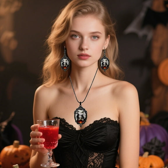 Ljxge 2025 Halloween Jewelry Set, Gothic Witch Necklace & Earrings Combo, Dark Mystical Pendant Costume Accessories for Women, Wiccan Style Party Wear Year-Round Gothic Fashion Statement