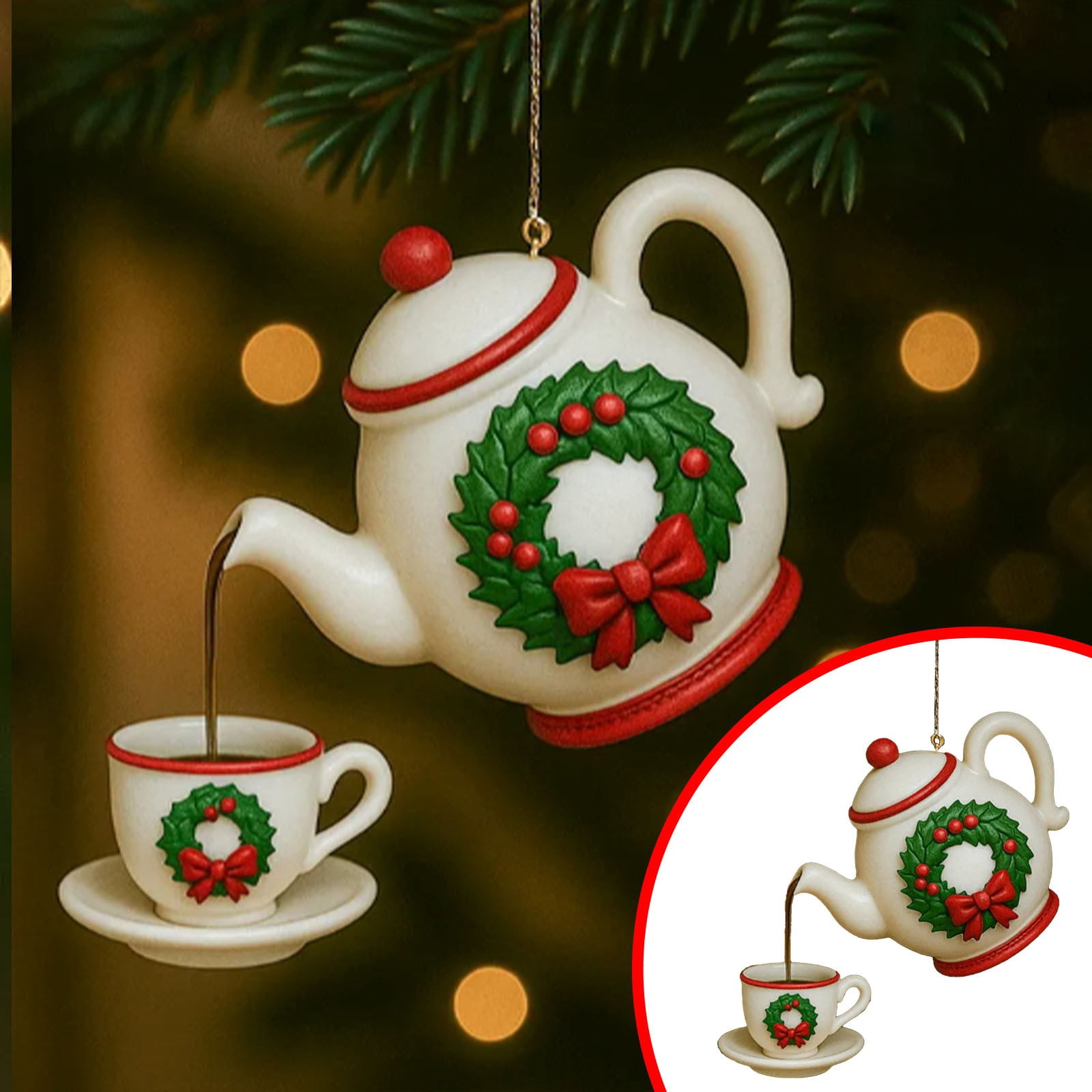 Ljxge 2D Teapot Christmas Ornament Retro Style Hanging Decor With