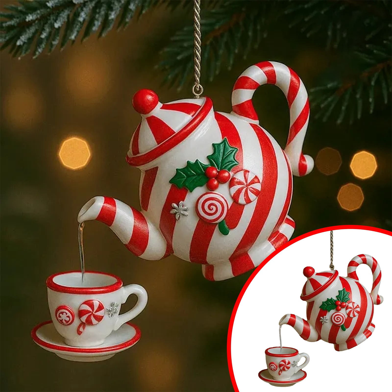 Ljxge 2D Teapot Christmas Ornament Retro Style Hanging Decor With