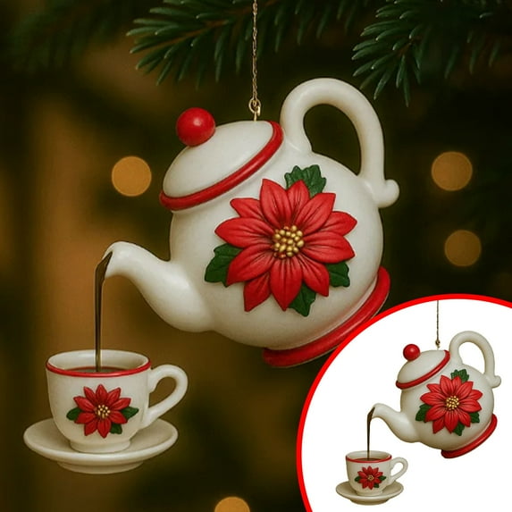Ljxge 2D Teapot Christmas Ornament Retro Style Hanging Decor With Pouring Effect Gift For Tea Lovers Holiday Tree