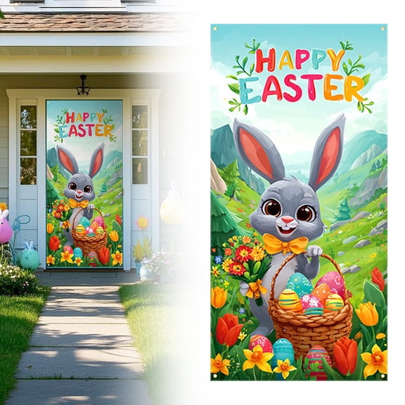Ljxge Easter Door Banner Easter Bunny Eggs Door Cover Large Spring Hanging Sign Indoor Outdoor Porch Wall Decoration