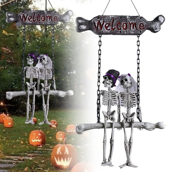 Ljxge Eternal Love Skeleton Couple Decor - Animated Bride & Groom Halloween Hanging Ornament with Swinging Bone Base and Welcome Sign, Spooky Wedding Theme for Indoor/Outdoor Display