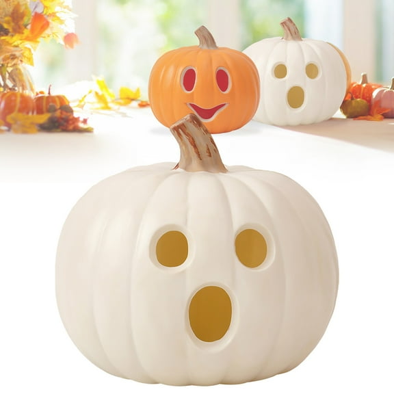 Ljxge Glowing Halloween Pumpkin Light, 9" Resin Table Lamp with Warm LED Light, Spooky Home Decor for Halloween Party, Thanksgiving,Indoor Pumpkin Ornament for Table, Mantel, Porch Decor
