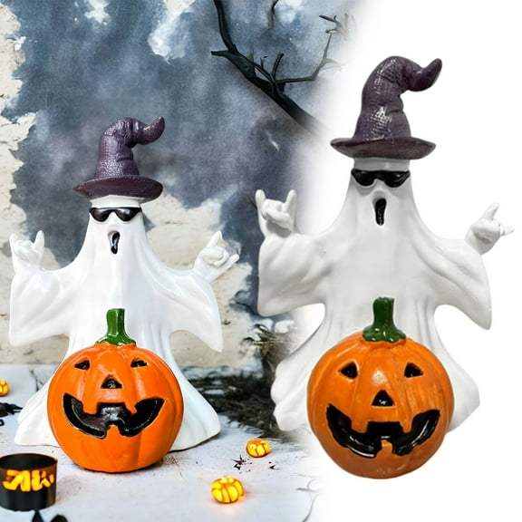 Ljxge Halloween Resin Hat Ghost & Pumpkin Figurine Decor - Cute & Spooky Finger Statue for Porch, Mantel & Indoor Display - Durable Holiday Home Decoration for Halloween Enthusiasts
