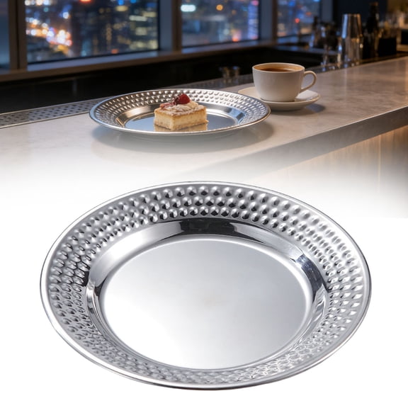Ljxge Hammered Stainless Steel Plate 22Cm Round Metal Serving Dish For Bbq Restaurant Kitchen Stackable Hammered Texture Platter