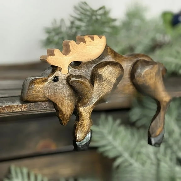 Ljxge Hand Carved Wooden Christmas Reindeer Decor - Rustic Holiday Tabletop & Corner Ornament - Festive Mantel & Shelf Decoration for Home - Elegant Winter Gift with Ribbons & Bells