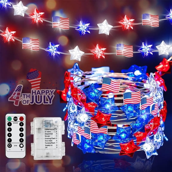 Ljxge Patriotic LED String Lights 13ft - Remote Control American Flag Lights for 4th of July Decor, Waterproof Outdoor Indoor Party Lights for Yard Fence Porch Decorations