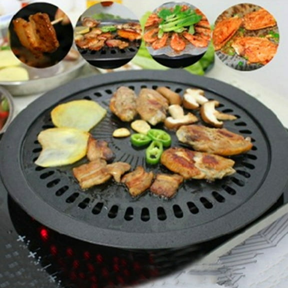 Ljxge Round Korean Bbq Grill Pan Nonstick Cast Iron Barbecue Grill Plate With Holder 32Cm For Indoor Stove Top Portable Burner, Black