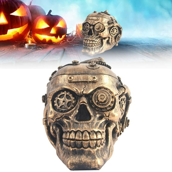 Ljxge Sci-Fi Mechanical Human Head Skeleton Halloween Decor - Resin Skull with Exposed Gears Robotic Design - Personalized Gothic Home Office Collectible Ornament