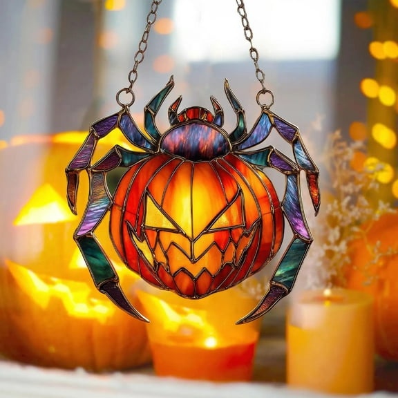 Ljxge Spider Pumpkin Acrylic Wall Hanging Double-Sided Gothic Halloween Decor With Glowing Evil Pumpkin Design For Indoor Outdoor Display Festive Ornament