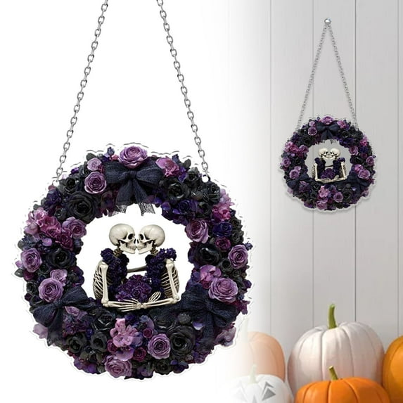 Ljxge Spooky Skeleton Wreath Decor - 2D Acrylic Halloween Hanging Ornament for Windows, Doors and Walls, Durable Indoor/Outdoor Holiday Decoration with Pumpkin & Bones Design