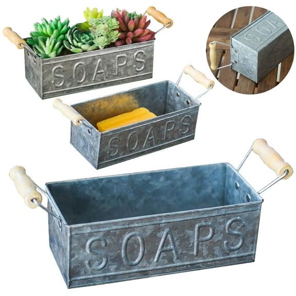 Ljxge Tin Soap Box, Vintage Bronze Metal Rectangular Storage Basket with Wooden Handles for Window Planters Silver Wooden Walmart Pallets