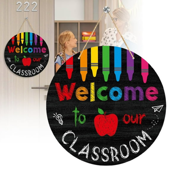 Ljxge Vibrant 7.8" Round Welcome Sign for Classroom Door - Durable PVC Hanging Decor with Crayon Designs & Rope, Perfect for Walls & Classroom Decor in Preschool n & Middle School