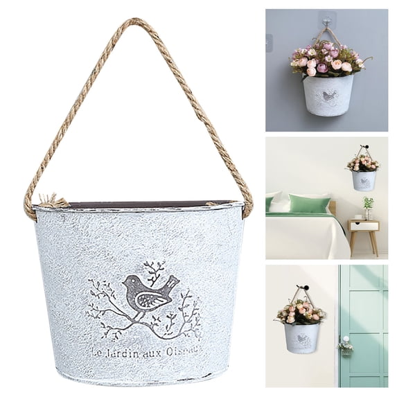Ljxge Vintage Iron Wall Hanging Flower Basket Planter Retro Home Garden Decoration,Antique Gray Metal Bucket For Indoor Outdoor Yard Porch