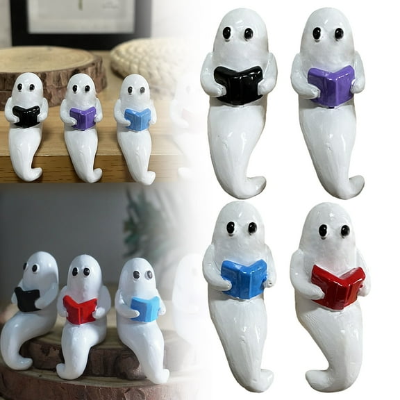 Ljxge Whimsical Reading Ghost Figurines - Cute Bookworm Shelf Decor for Halloween, Book Lover Gifts, Desk Ornaments for Readers, Gothic Library Decorations for Home Office and Study Room