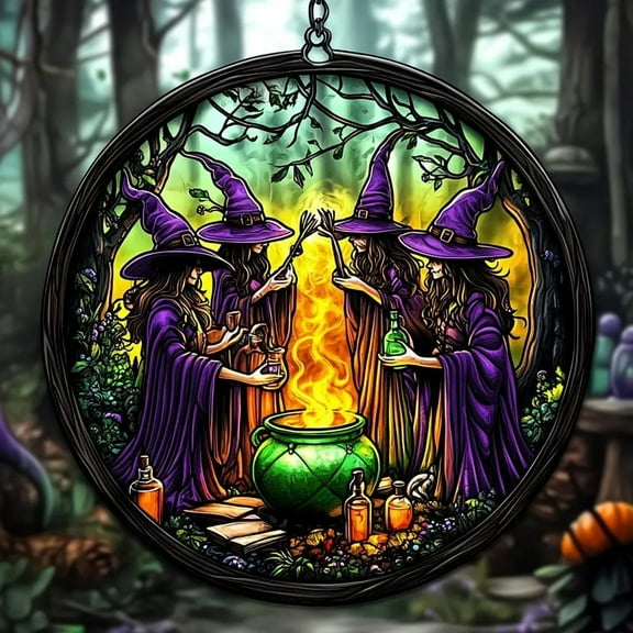 Ljxge Witchcraft Wall Hanging - Large Glossy Cauldron Halloween Decor with 4 Witches Adding Ingredients Perfect for Porch Window Gothic Home Indoor Outdoor Display