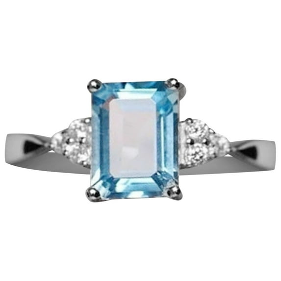 Ljxge Women'S 925 Silver Ring Rainbow Square Stone Band Promise Gift For Her Light Blue Size 5