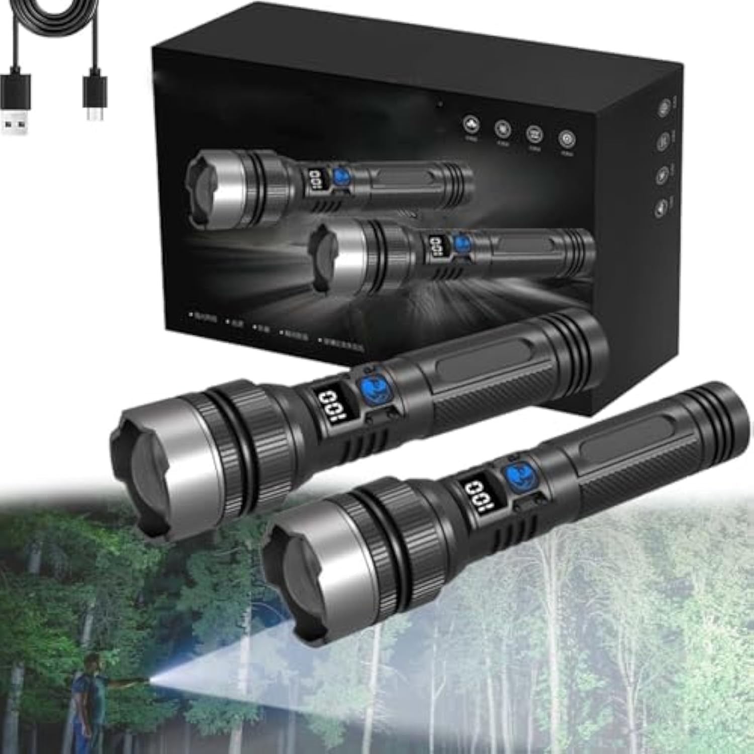 Lk360 Flashlight,The Ultimate Survival Flashlight 2025,Powerful150000 Lumens - USB Rechargeable Waterproof, with 3 Modes, Zoomable, Outdoor and Home Emergency Use (2PCS)