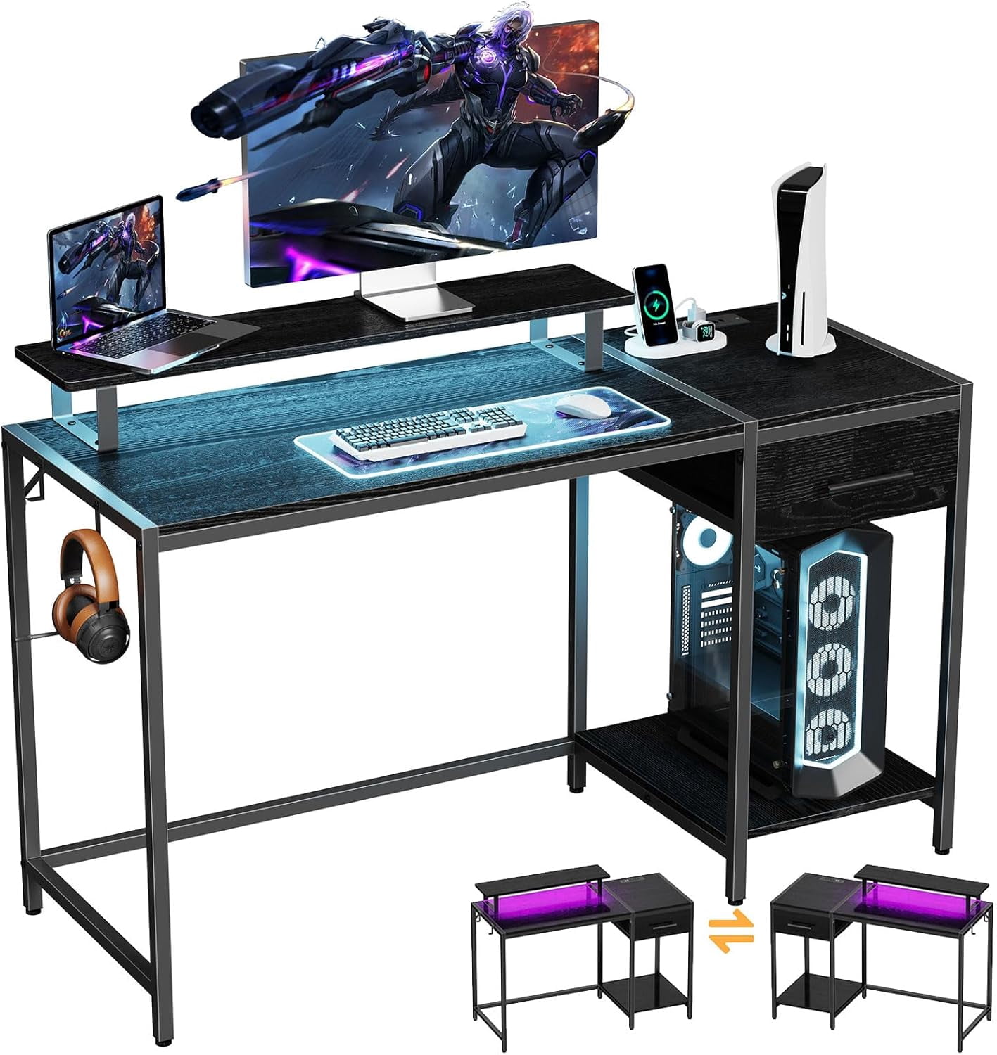 Lkeiyay Gaming Desk with LED Lights & Power Outlet, 47 inch Computer ...