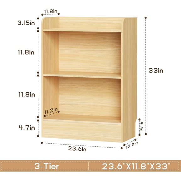Lkeiyay Kids Bookshelf and Toy Storage Organizer, 3-Tier Wood Montessori Shelf for Bedroom, Playroom, Nursery, Classroom (Natural)
